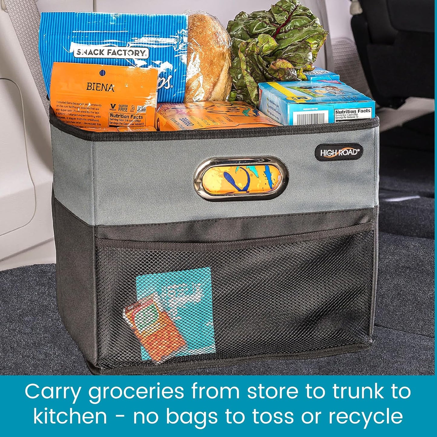 High Road CargoCube Car Storage Bin - Leakproof Car Trunk Storage Organizer with Metal Handles and Front Mesh Pocket (Square)
