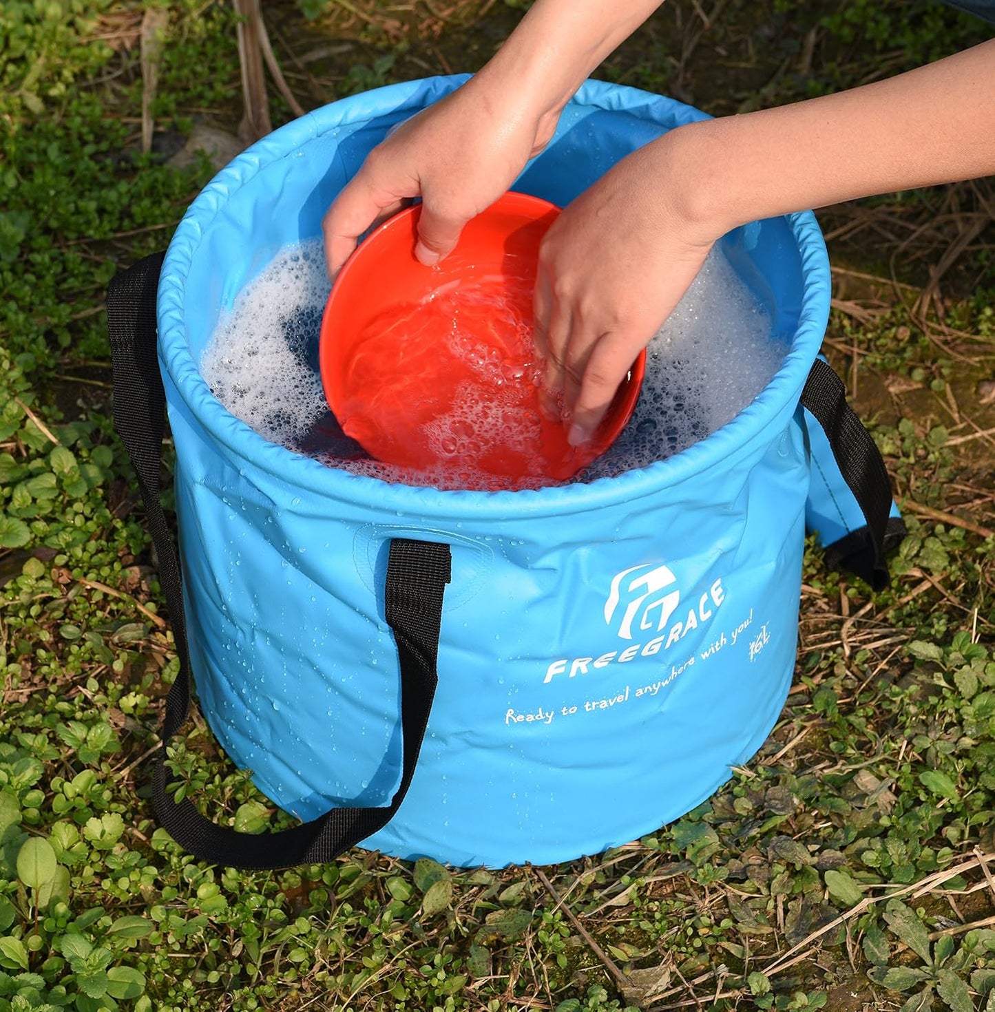 Freegrace Collapsible Bucket with Mesh Tool Pocket - 10L, 16L &amp; 23L Portable Folding Water Container - Heavy Duty 500D Tarpaulin, BPA-Free Wash Basin for Camping, Fishing, RV, and Car Washing