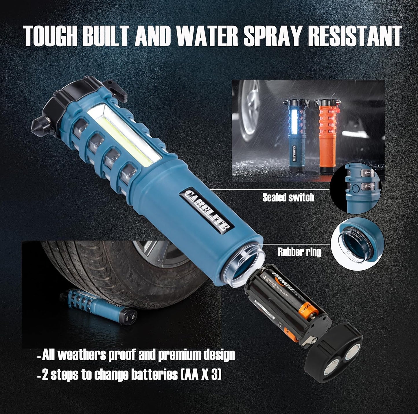 Emergency Car Flashlight with Seatbelt Cutter and Window Breaker, LED Work Light & Flash Beacon, Life-Saving Car Escape Tool for Roadside Safety (Blue)