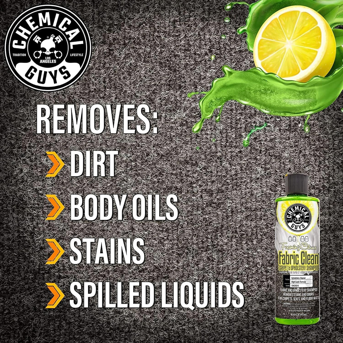 Chemical Guys, Citrus Foaming Fabric & Carpet Cleaner Drill Brush, 16 oz | Lifts coffee, food and pet stains and odors from carpet, mats and upholstery, drill brush agitates, citrus scent