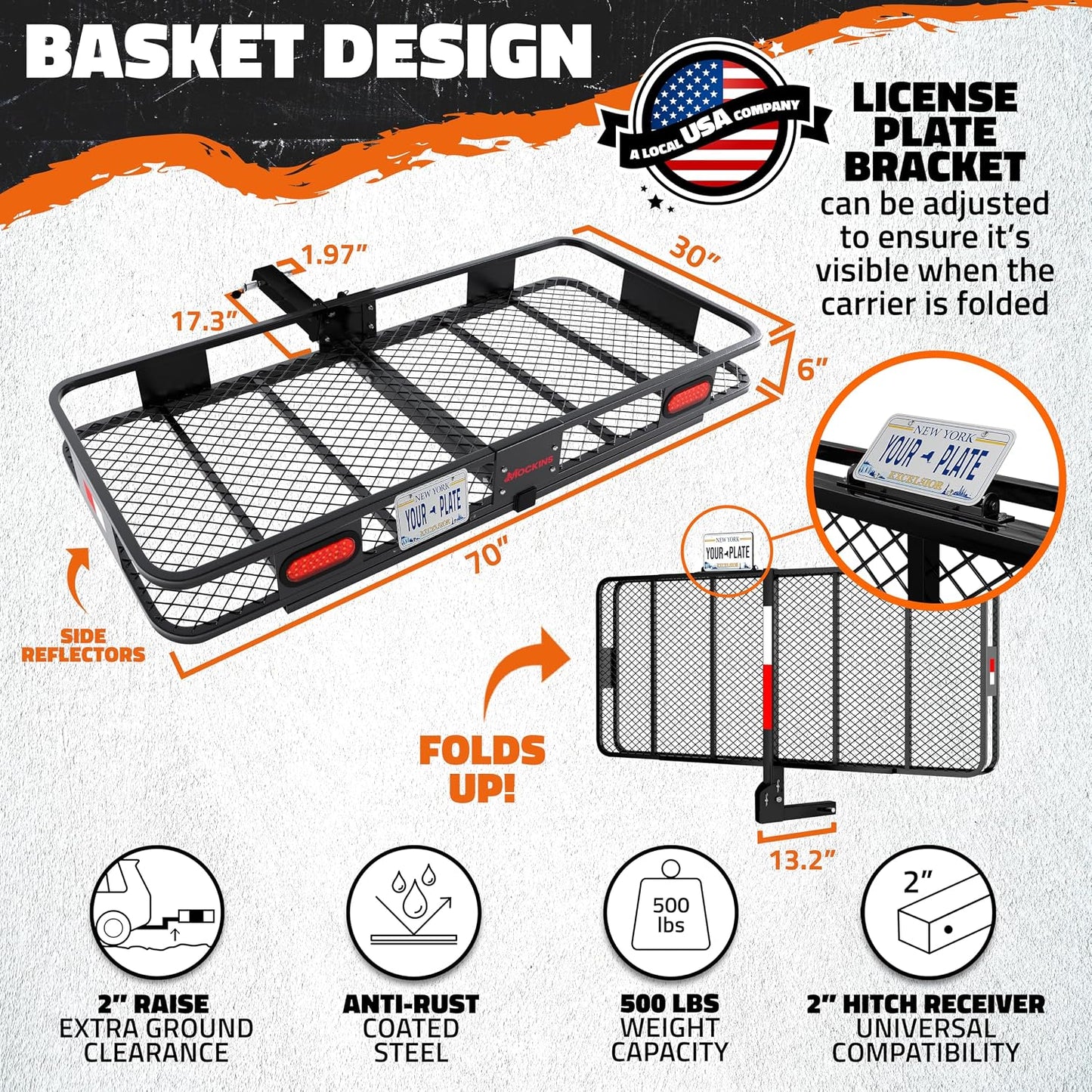 Mockins 70"x30"x6" XXL Folding Trailer Hitch Cargo Carrier w/ 500 Lbs. Cap | Luggage Rack for SUV Car Truck & RV w/ 40 CuFt Waterproof Cargo Bag for Hitch Carrier | Includes Rear Lights & Plate Bracket