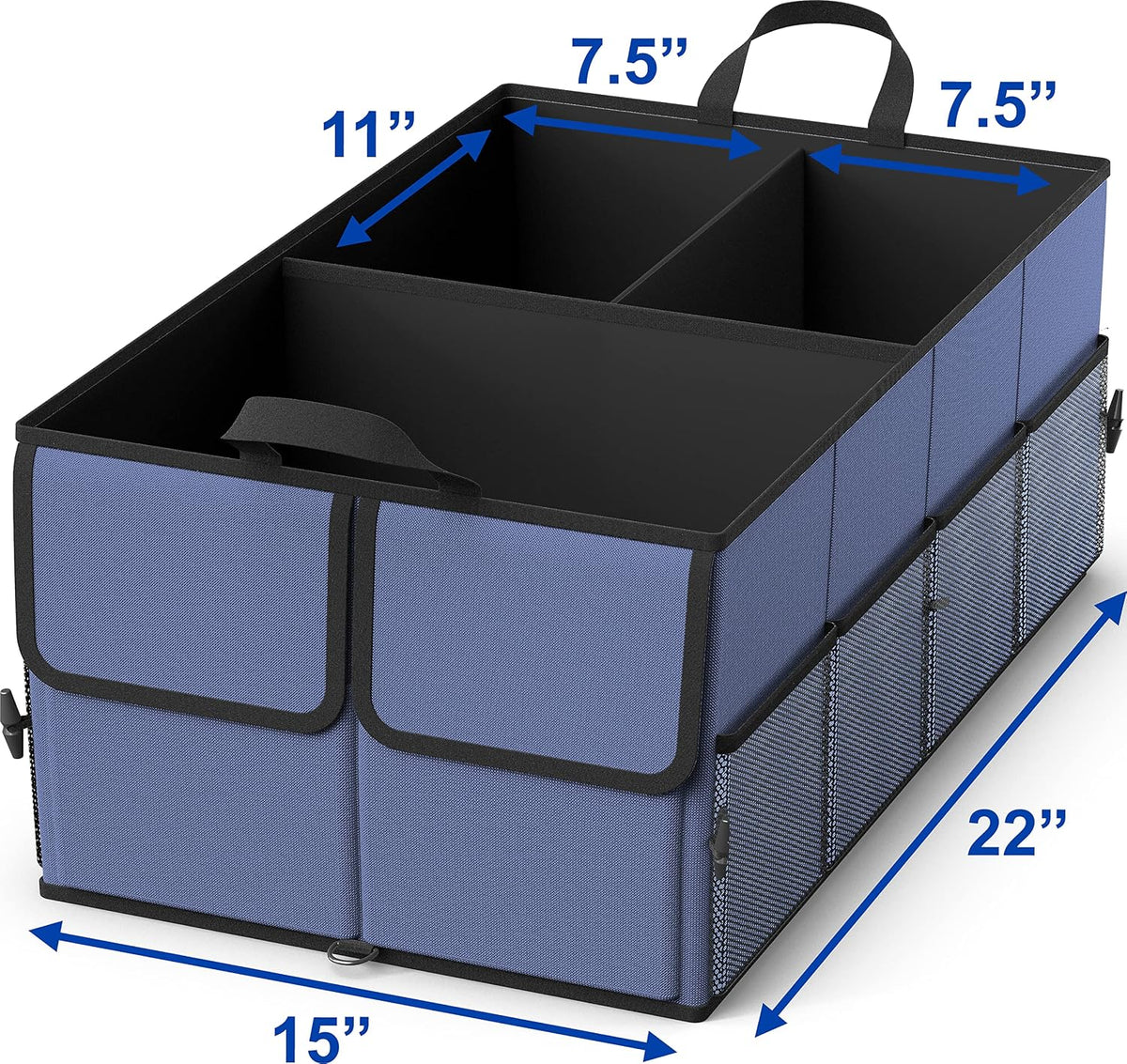 EPAuto Foldable Car Trunk Organizer for SUV, 3-Compartment, Blue | with Removable Divider, Side Pockets and Securing Straps