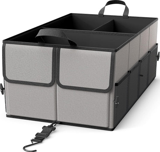 EPAuto Foldable Car Trunk Organizer for SUV, 3-Compartment, Gray | with Removable Divider, Side Pockets and Securing Straps