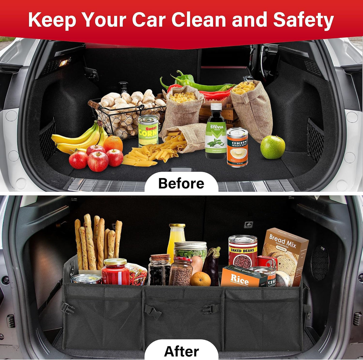 Simple Deluxe Trunk Organizer for Car, 95L Large Capacity, Collapsible Multi Compartment Automotive SUV Accessories, Adjustable Strap & Non Slip Bottom, for Travel/Home/Office, Black Newv