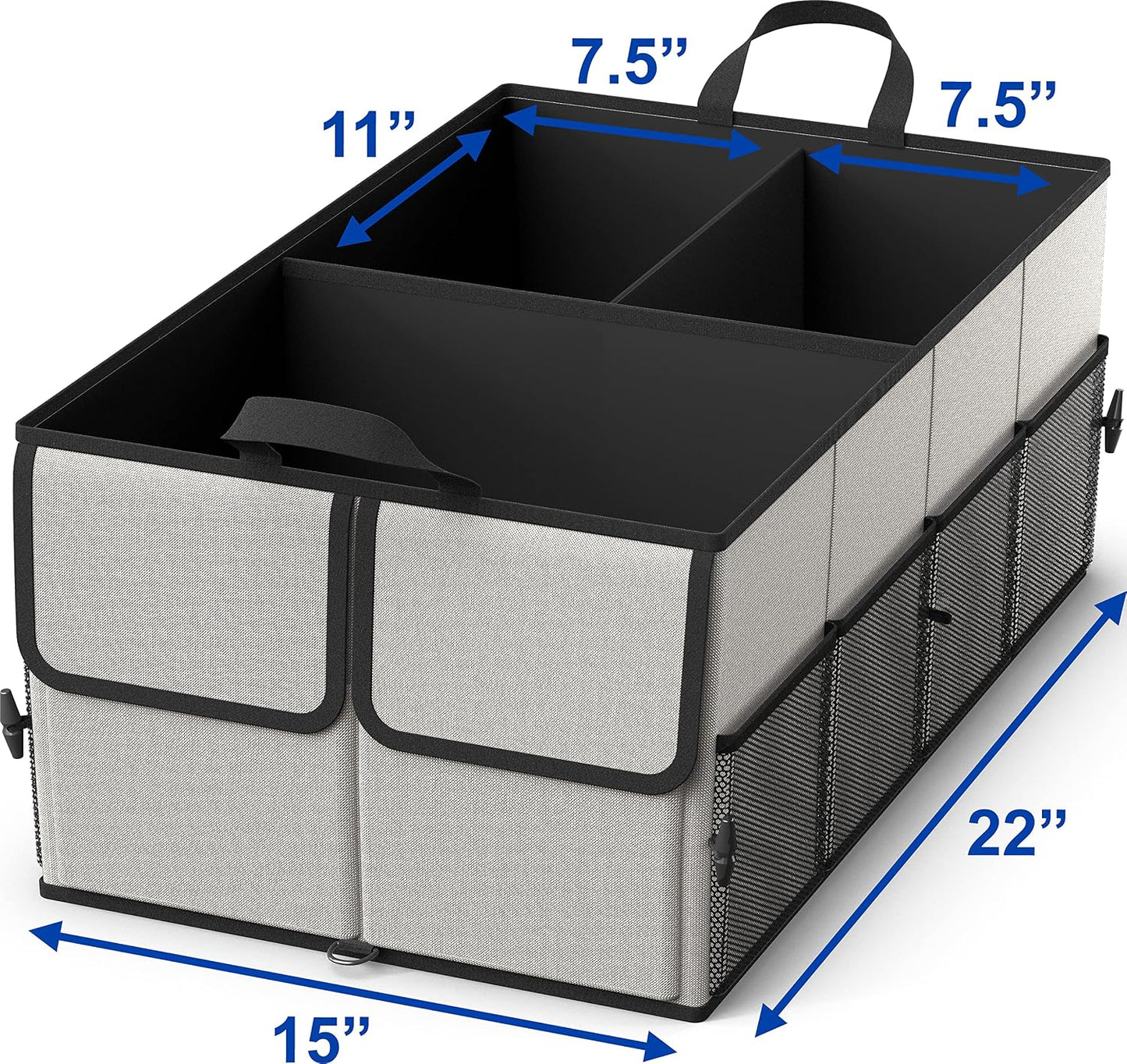 EPAuto Foldable Car Trunk Organizer for SUV, 3-Compartment, Gray | with Removable Divider, Side Pockets and Securing Straps
