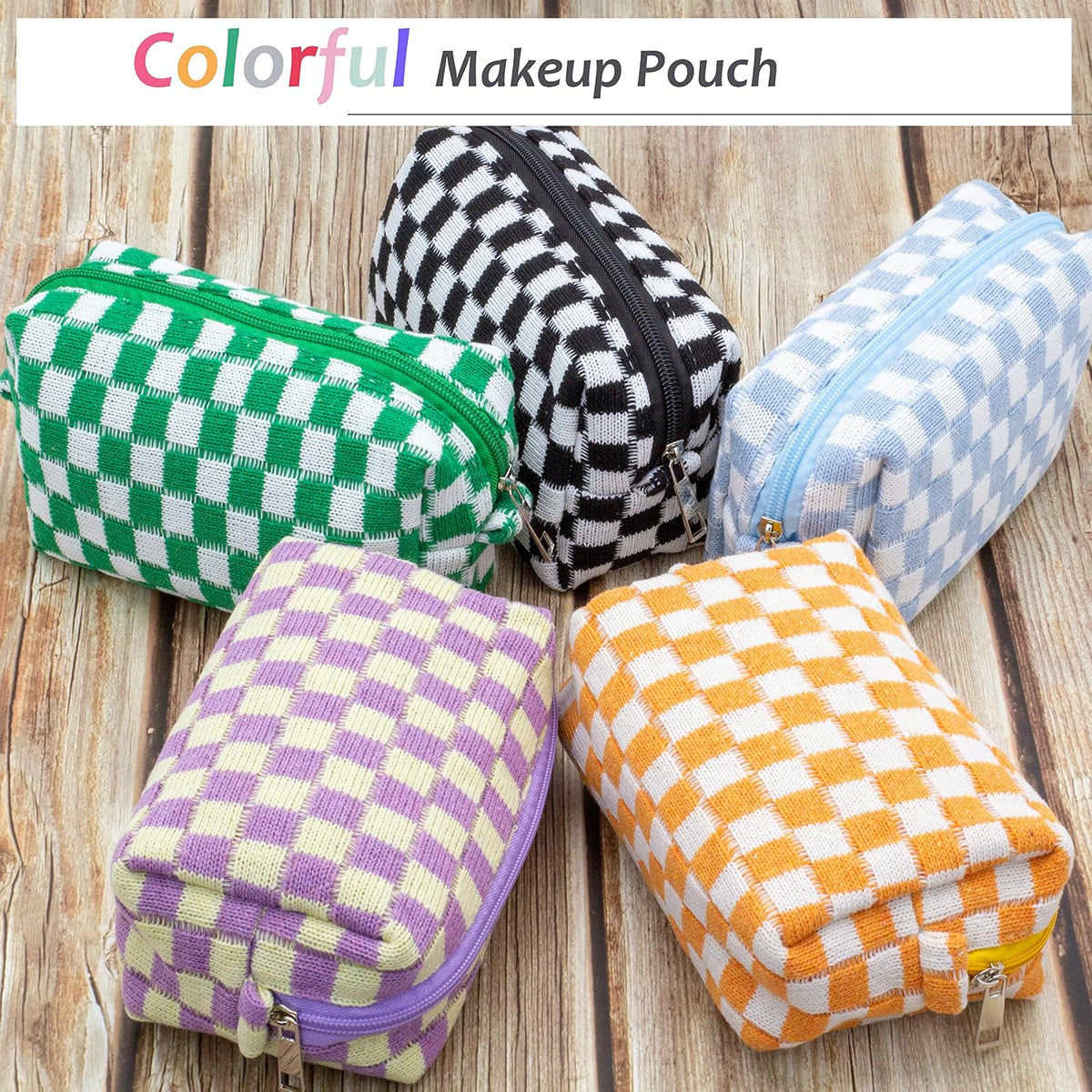 Checkered Makeup Bag for Purse, Small Travel Cosmetic Pouch,Orange,6 Pack