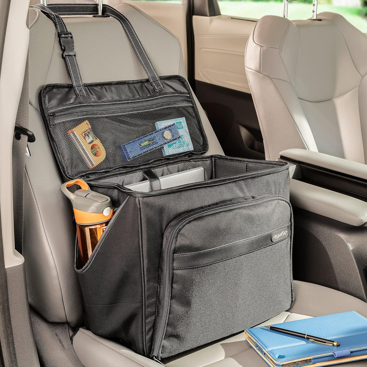 High Road Car Office Organizer - Front Seat Organizer with Desk Supplies Compartment, Laptop Sleeve, 2 Bottle Holders, Storage Cover and Padded Shoulder Strap for Cars, Trucks and Patrol Vehicles