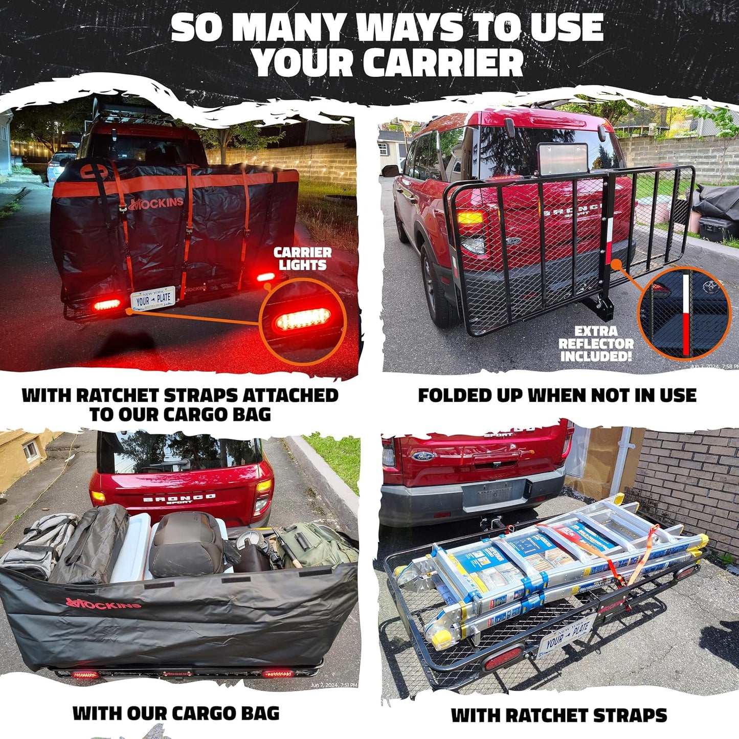 Mockins 70"x30"x6" XXL Folding Trailer Hitch Cargo Carrier w/ 500 Lbs. Cap | Luggage Rack for SUV Car Truck & RV w/ 40 CuFt Waterproof Cargo Bag for Hitch Carrier | Includes Rear Lights & Plate Bracket