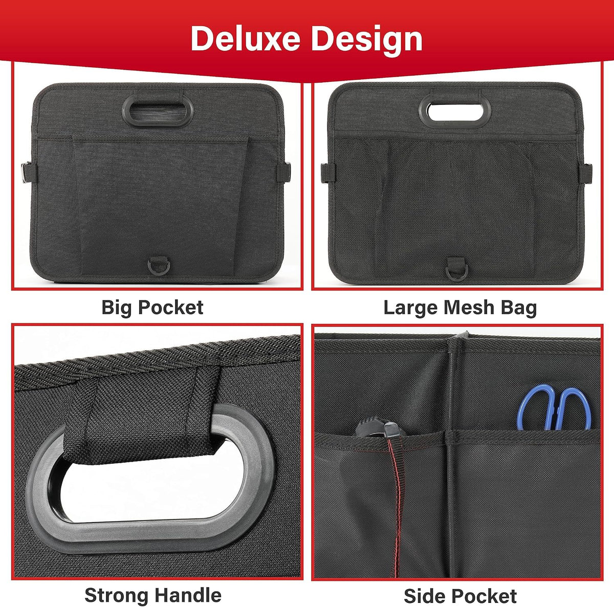 Simple Deluxe Trunk Organizer for Car, 95L Large Capacity, Collapsible Multi Compartment Automotive SUV Accessories, Adjustable Strap & Non Slip Bottom, for Travel/Home/Office, Black Newv
