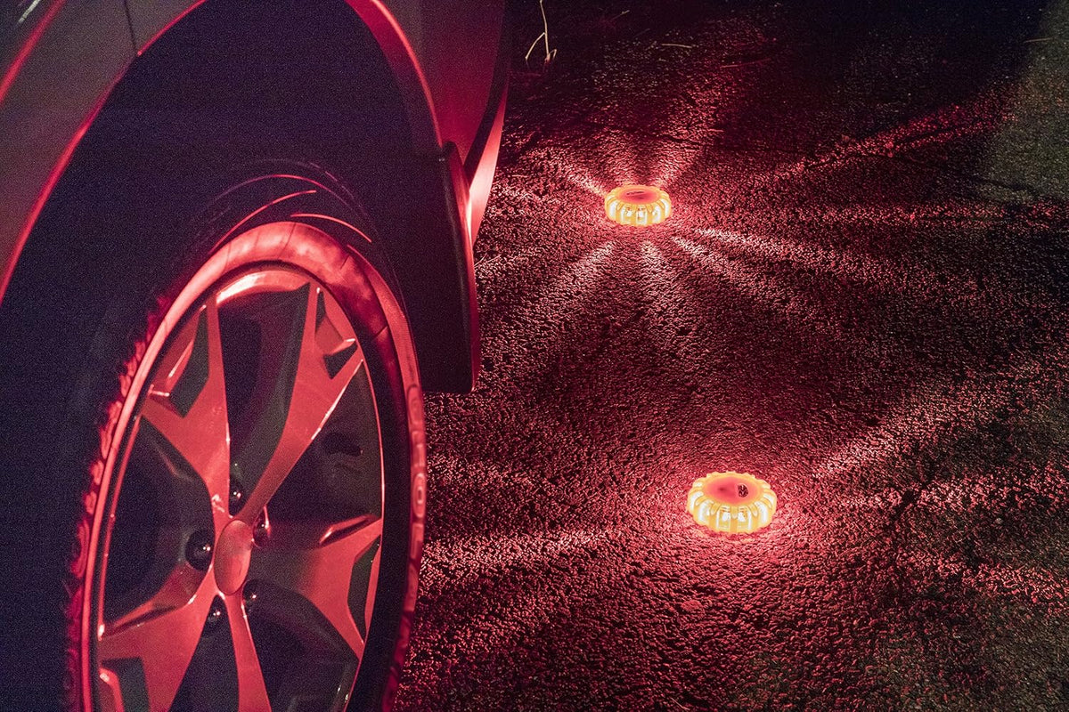 3 Pack LED Road Flares Kit - Flashing Warning Light Emergency Disc Beacon Roadside Flare Safety Light Magnetic Base for Car Truck Boat - Includes Batteries Screwdriver Gloves Storage Bag