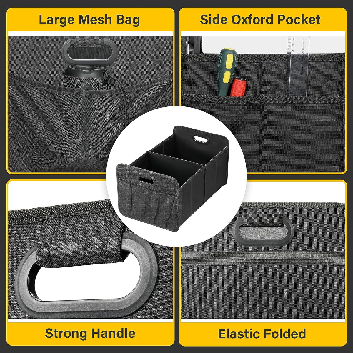 YSSOA Trunk Organizer for Car/SUV/Truck, Collapsible 2 Compartment Automotive Storage Box, 600D Waterproof Oxford Polyester 50L Travel Accessories, Anti-slip & Leak-proof, Black New