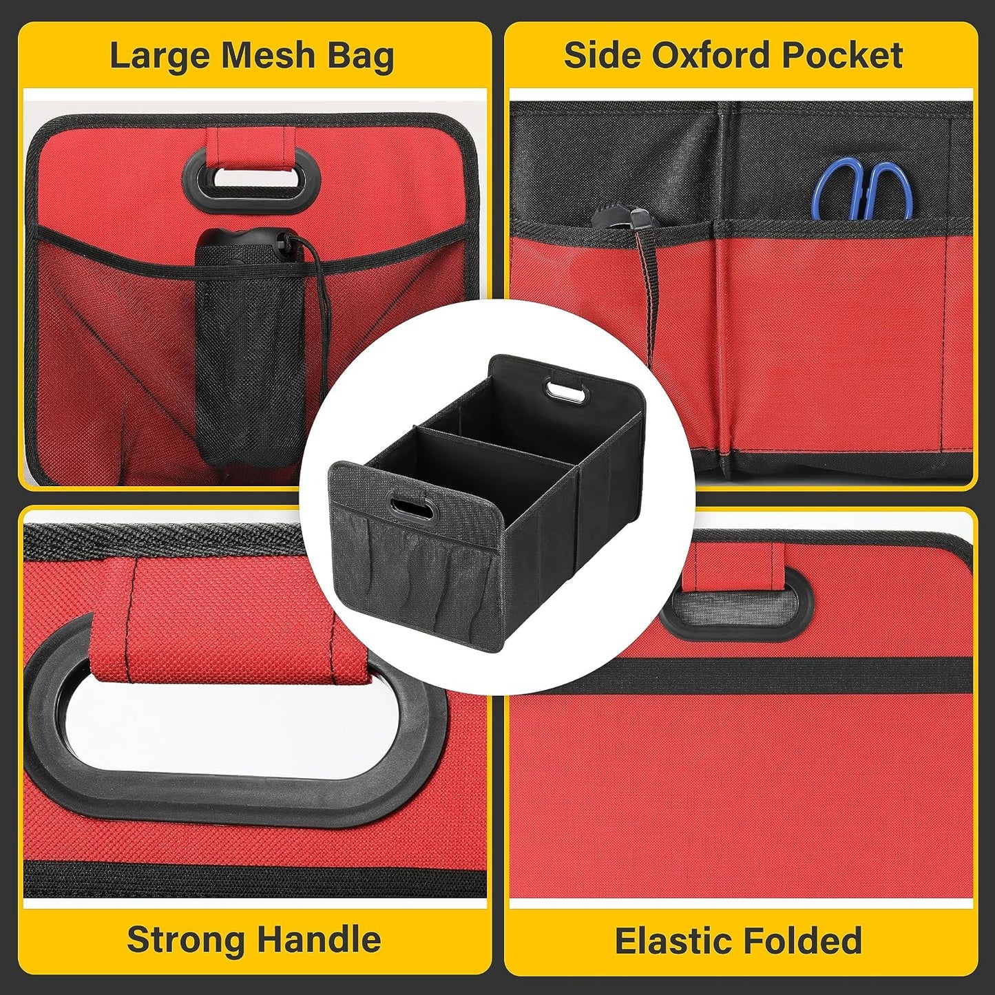 YSSOA 2 Compartments Car Trunk Organizer, 600D Oxford Polyester Car Storage, Anti-slip 14" D x 22" W x 12" H Collapsible Trunk Storage, Suitable for SUV, Minivan, Truck, Red New