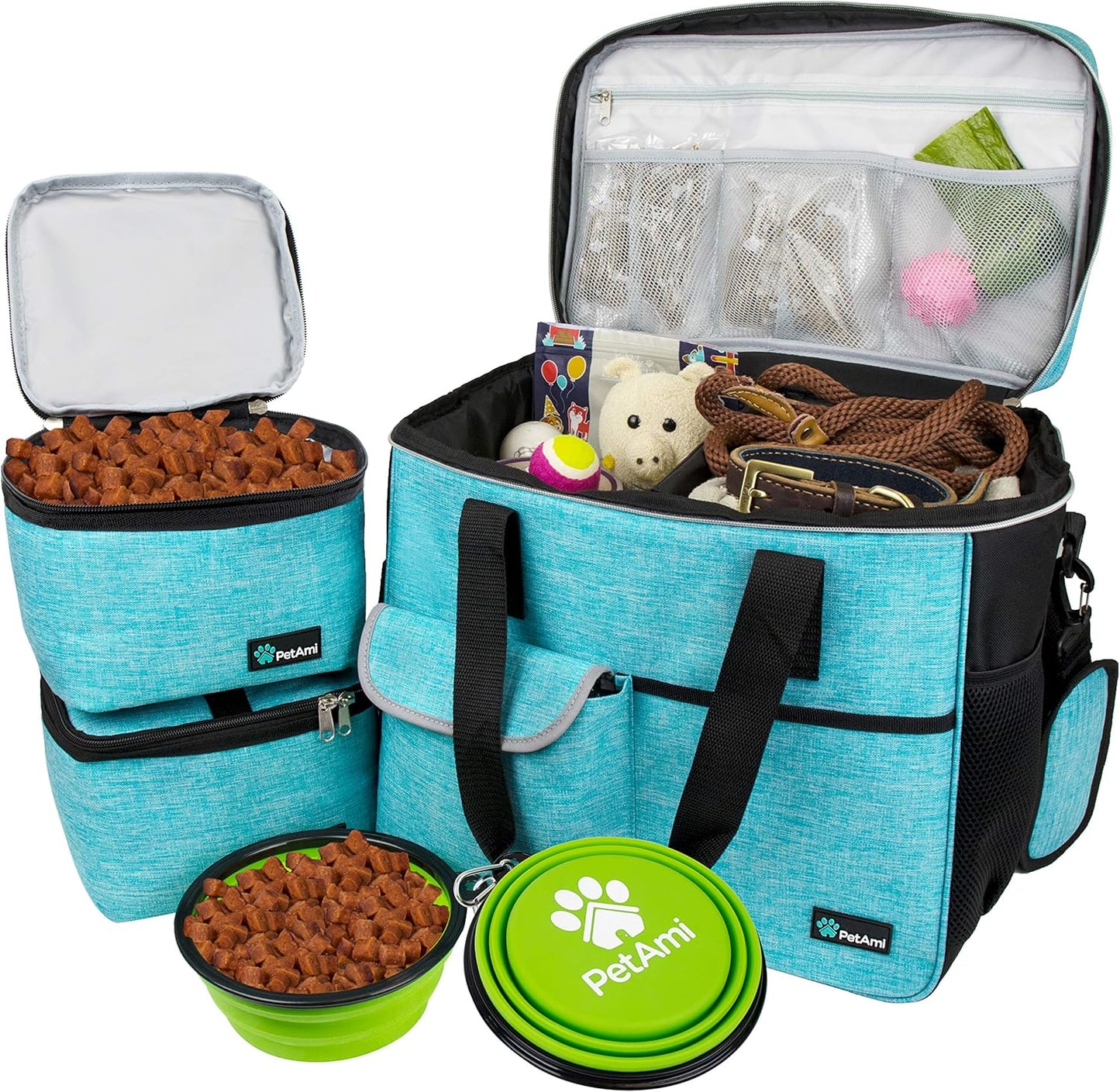 PetAmi Dog Travel Bag Organizer, Pet Travel Kit with 2 Food Containers & 2 Collapsible Dog Bowls, Pet Supplies Tote with Luggage Sleeve, Weekend Road Trip Camping Essentials, Teal Blue, Large