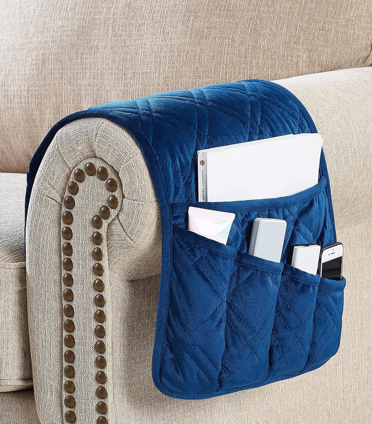 Brilliant Sunshine Dark Blue Velvet Couch Armrest Cover, 35"×13"