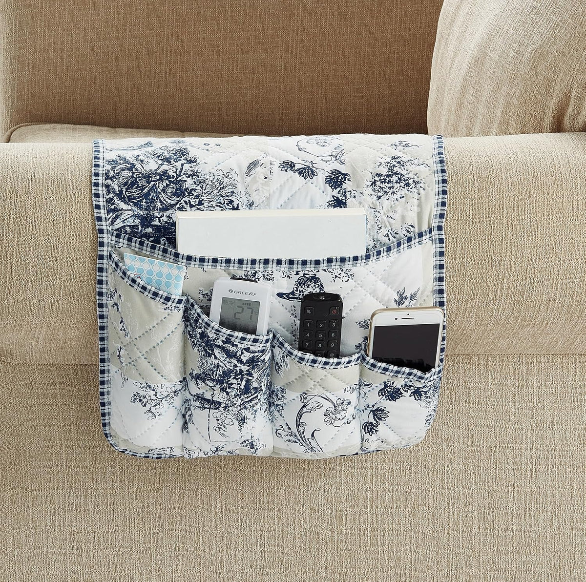 Brilliant Sunshine Blue & Beige Toile Couch Armrest Cover, 35"×13"